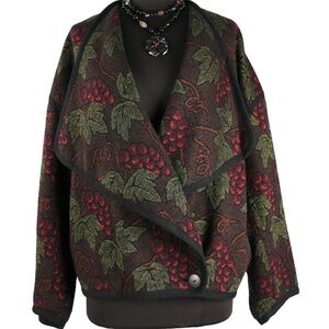 WINE THEME SWEATER JACKET VTG 1980s WOOL BLEND GRAPES OOAK JAPAN SIZE 10